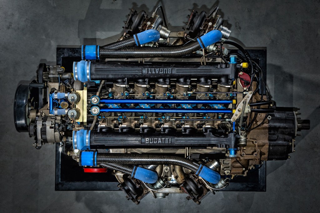 An overhead view of a the quad-turbo 3.5-liter V12 from a Bugatti EB110 SS