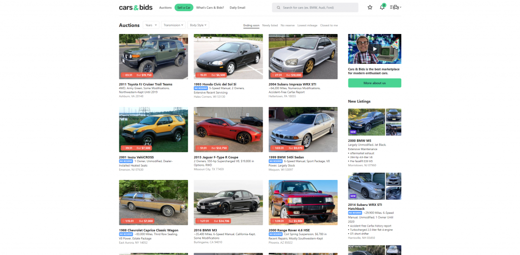 Current inventory shown on Cars & Bids' website