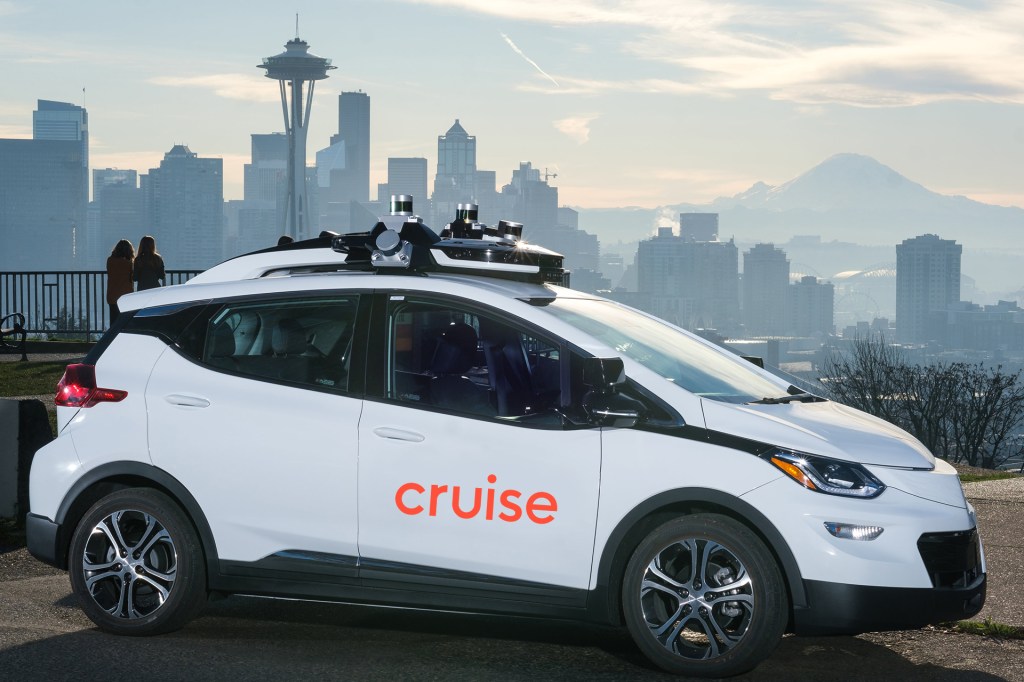 A white Chevy Bolt-now driverless