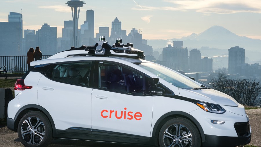 A white Chevy Bolt-now driverless