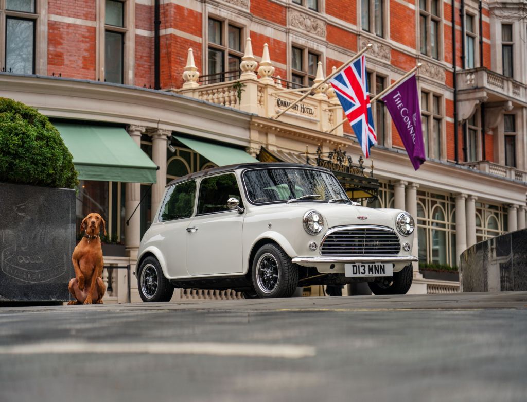 A white David Brown Automotive Mini Remastered on a London street