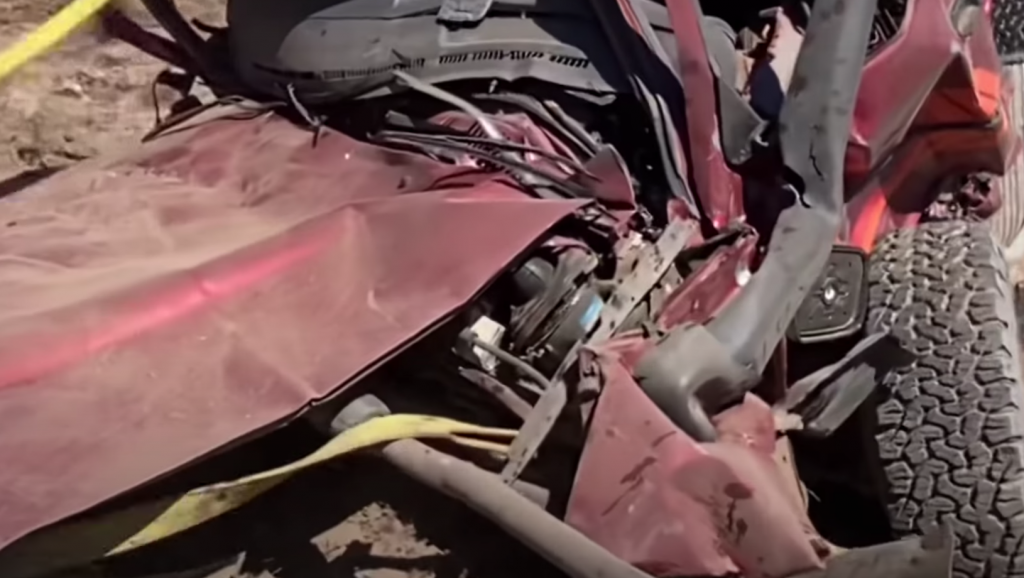 closeup of aftermath ofDropping a Toyota HiLux from 10,000 ft