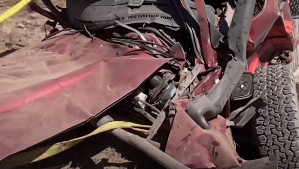 closeup of aftermath ofDropping a Toyota HiLux from 10,000 ft