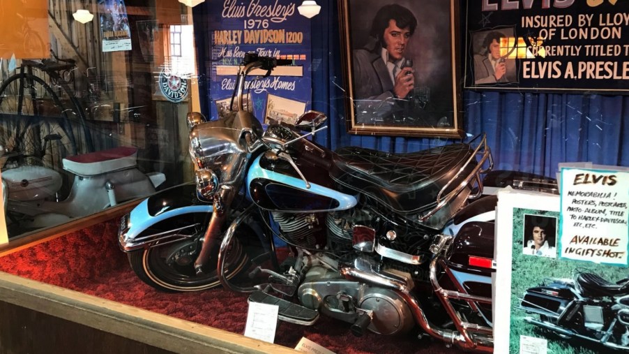 Elvis Presely's Harley-Davidson Electra Glide on display before becoming the one of the most expensive motorcycles in the world