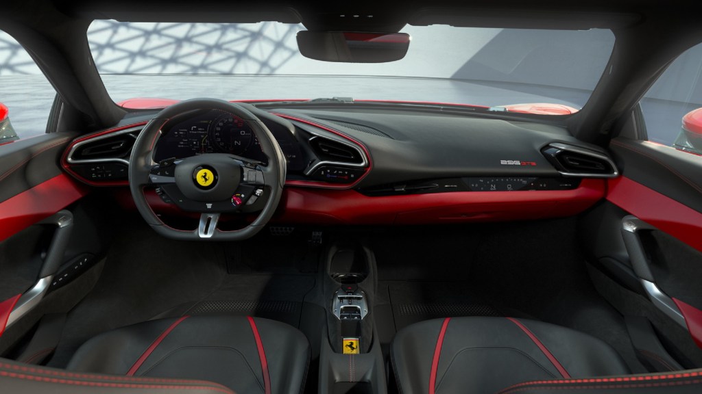 The red-and-black seats and dashboard of a Ferrari 296 GTB