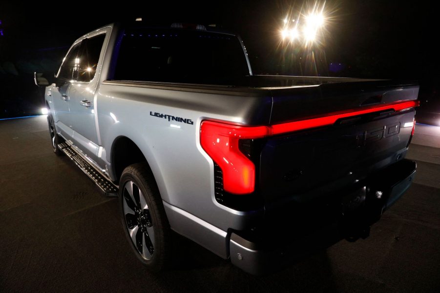 Ford Motor Company unveils their new electric F-150 Lightning outside of their headquarters in Dearborn, Michigan