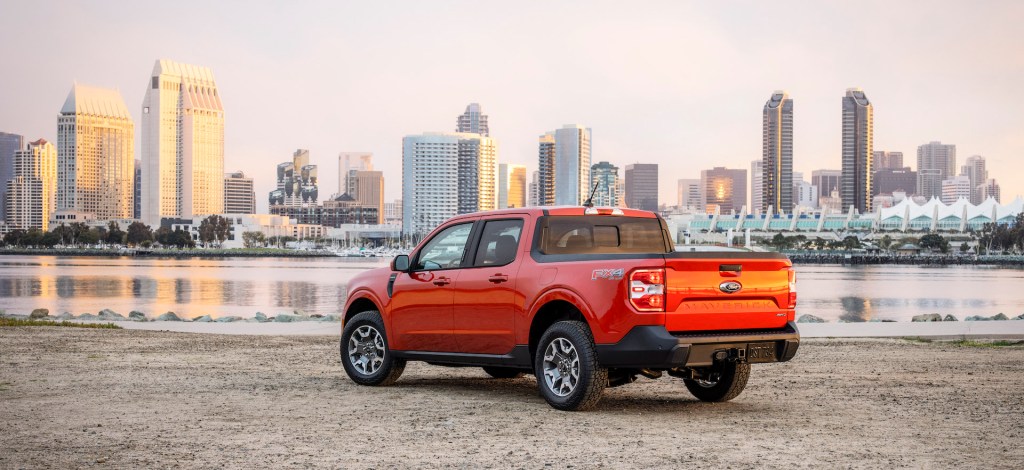 An image of a Ford Maverick outdoors, the brand's smallest new truck.