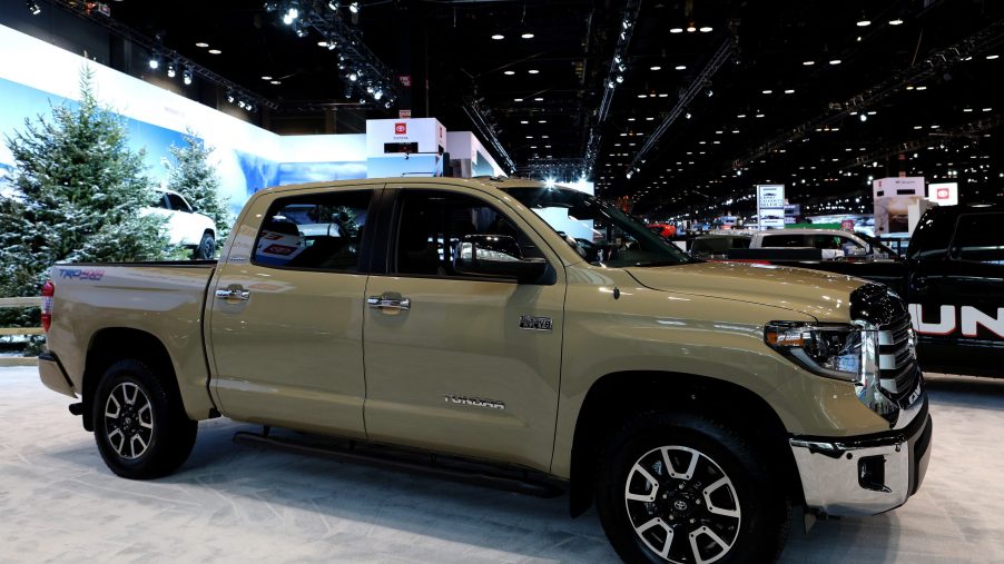 The pinnacle of trucks in Toyota's lineup: the desert tan Tundra on display