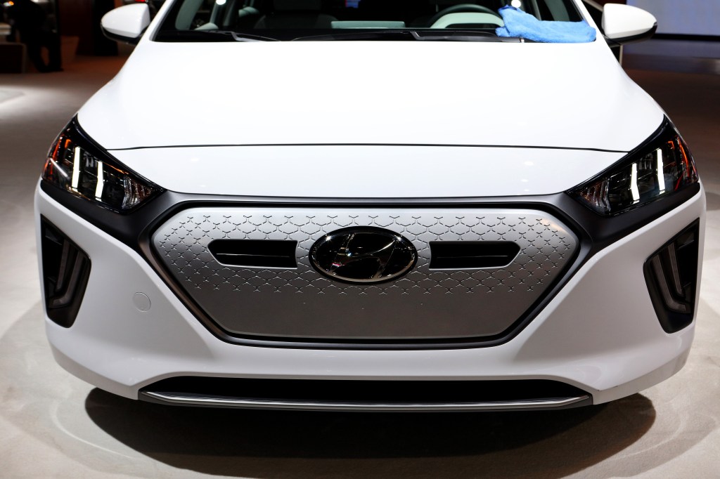 The front of a white Hyundai Ioniq EV