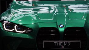 The very green new BMW M3's front