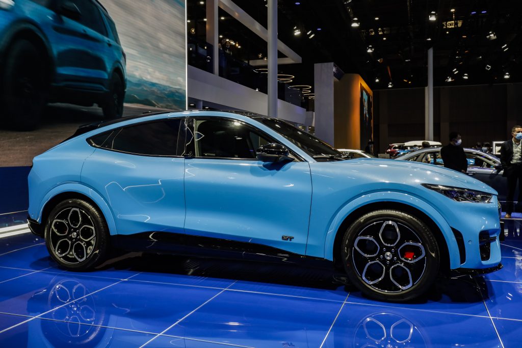 The blue Mustang Mach e EV