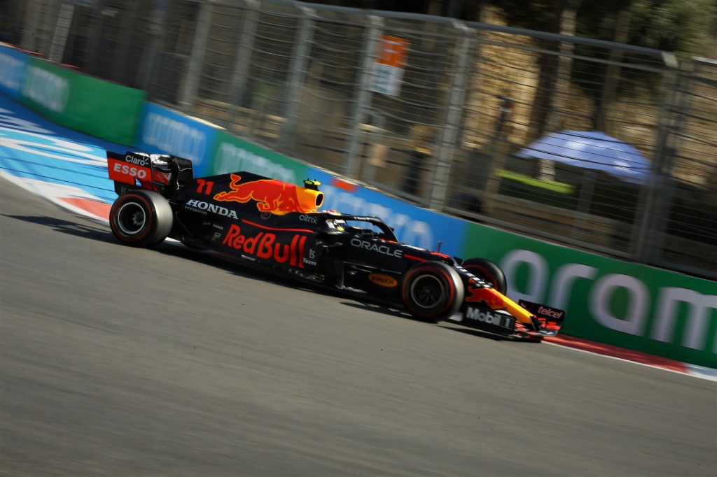 Red Bull's Sergio "Checo" Perez mid-corner in Azerbaijan