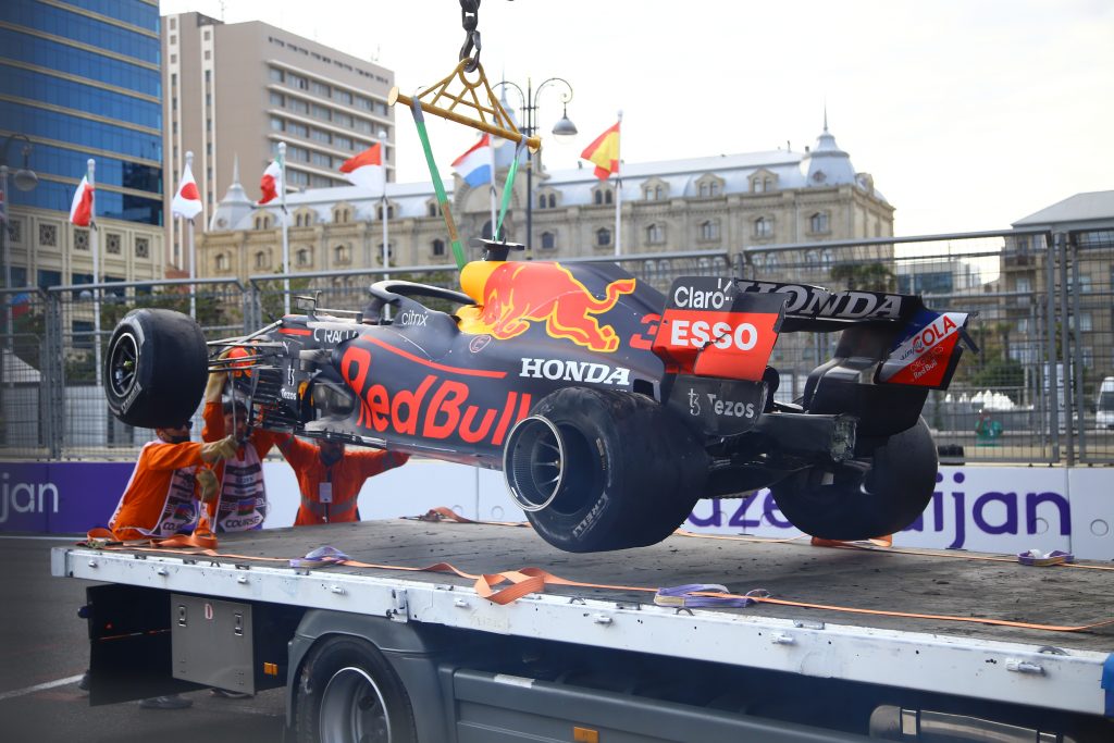 Verstappen's car after his Pirelli tires failed on the straight.