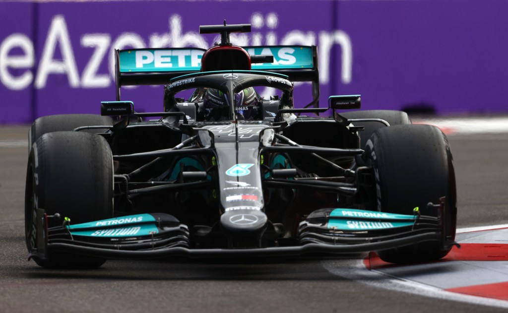Lewis Hamilton's black and green Mercedes Formula 1 car in Azerbaijan