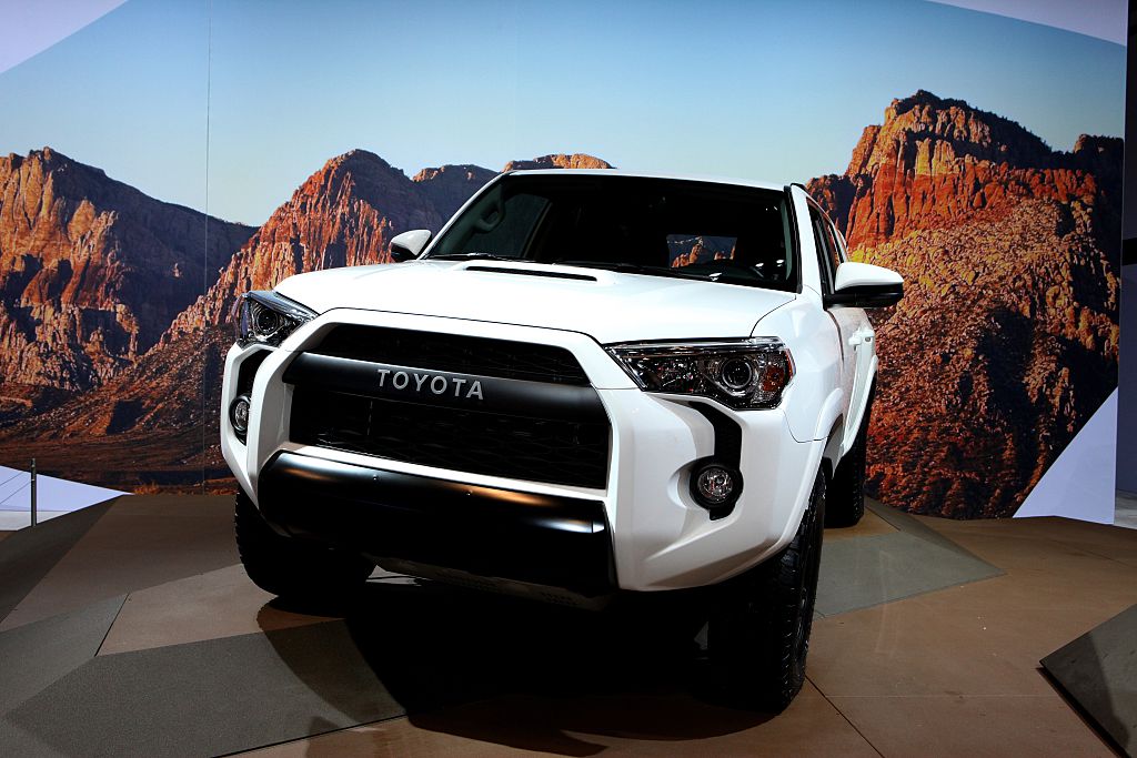 A white 2016 Toyota 4Runner on display at the Chicago auto show