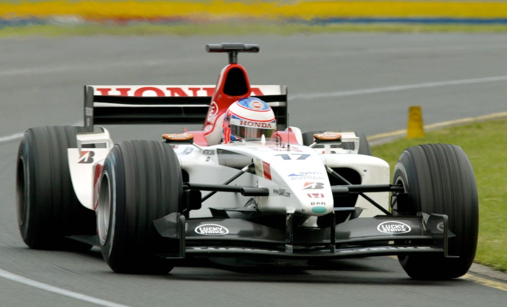 Jenson Button's red and white BAR Honda 007 Formula 1 car