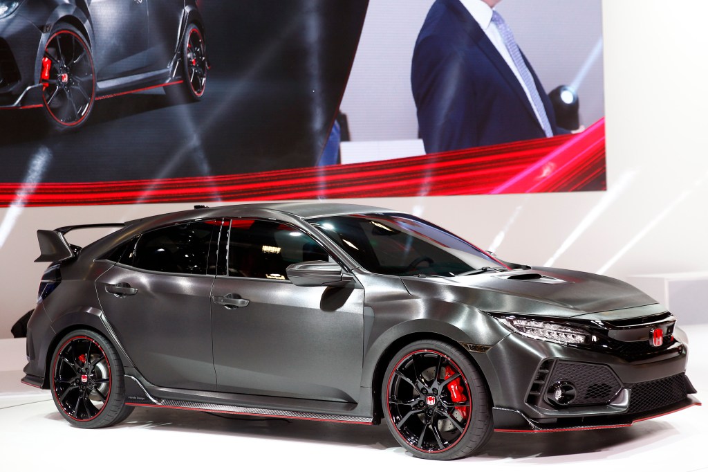 A Civic Type R Prototype automobile sits on display during the first press day of the Paris Motor Show.
