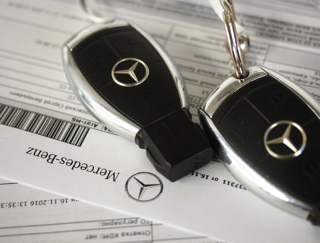 A pair of early keyless entry Mercedes-Benz keys