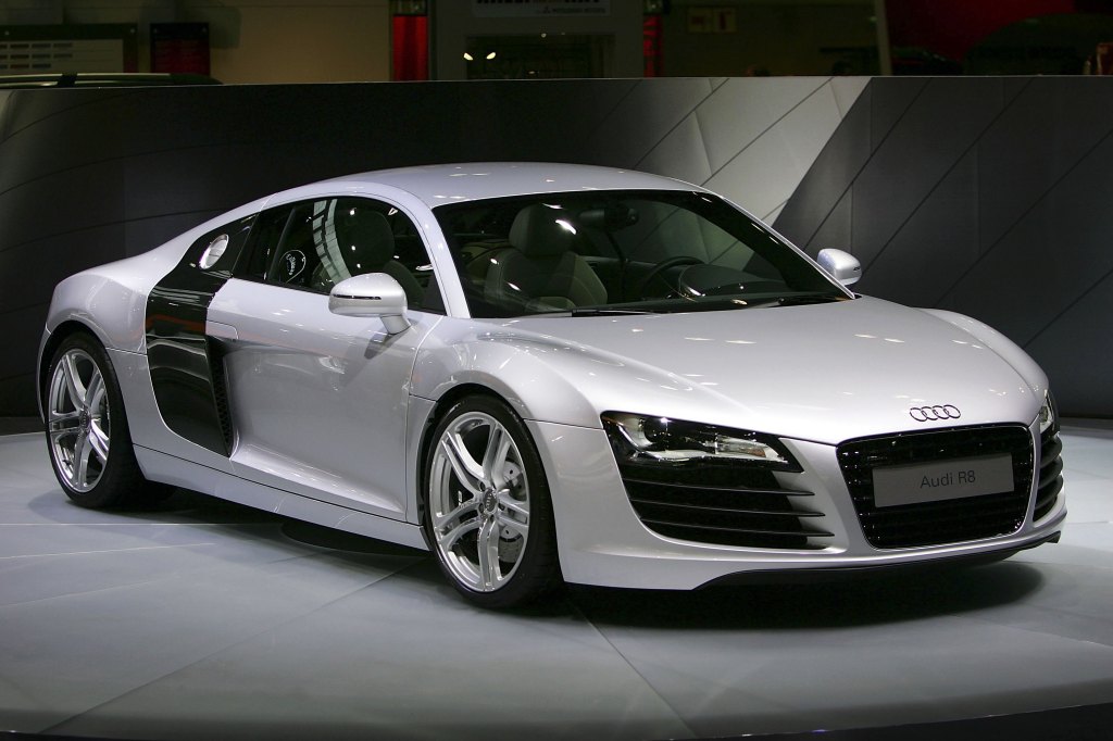 A silver Audi R8 sports car at an auto show in Los Angeles