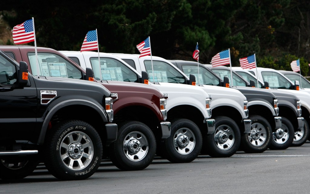 A line of Ford pickup trucks. Someone will surely take a car loan on one
