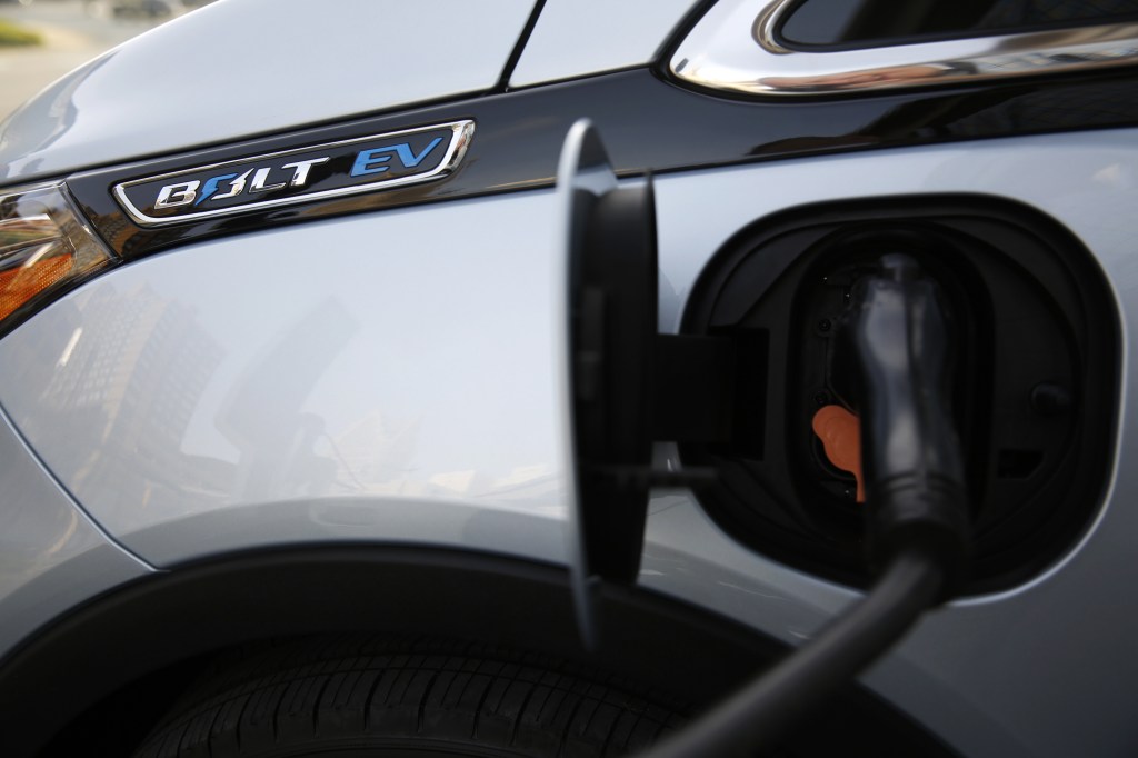 A close-up of the charging port on a Chevy Bolt EV