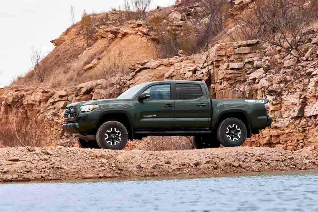 A green 2021 Toyota Tacoma, one of the best affordable new pickups under $30,000