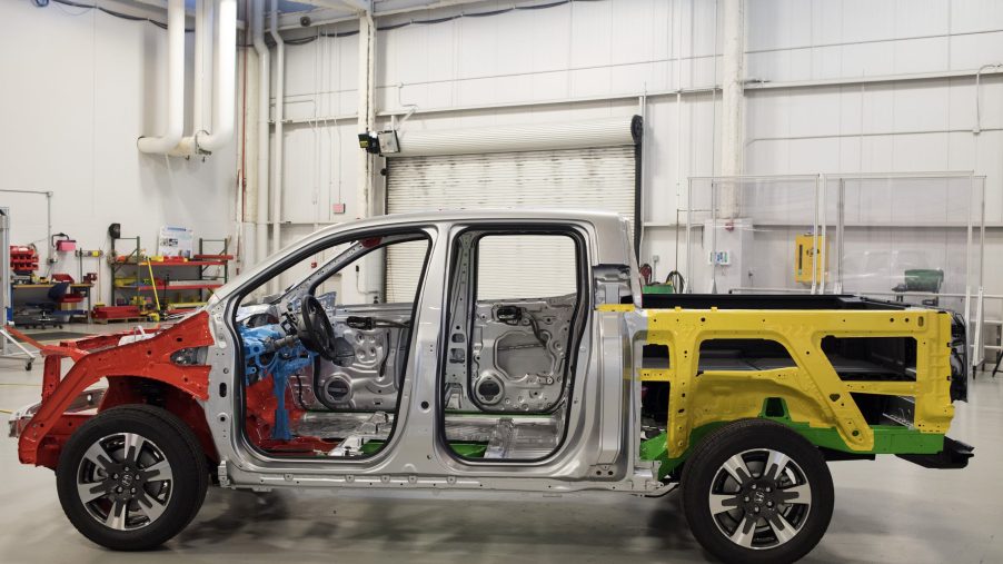 The rolling chassis of a Honda Ridgeline compact pickup truck