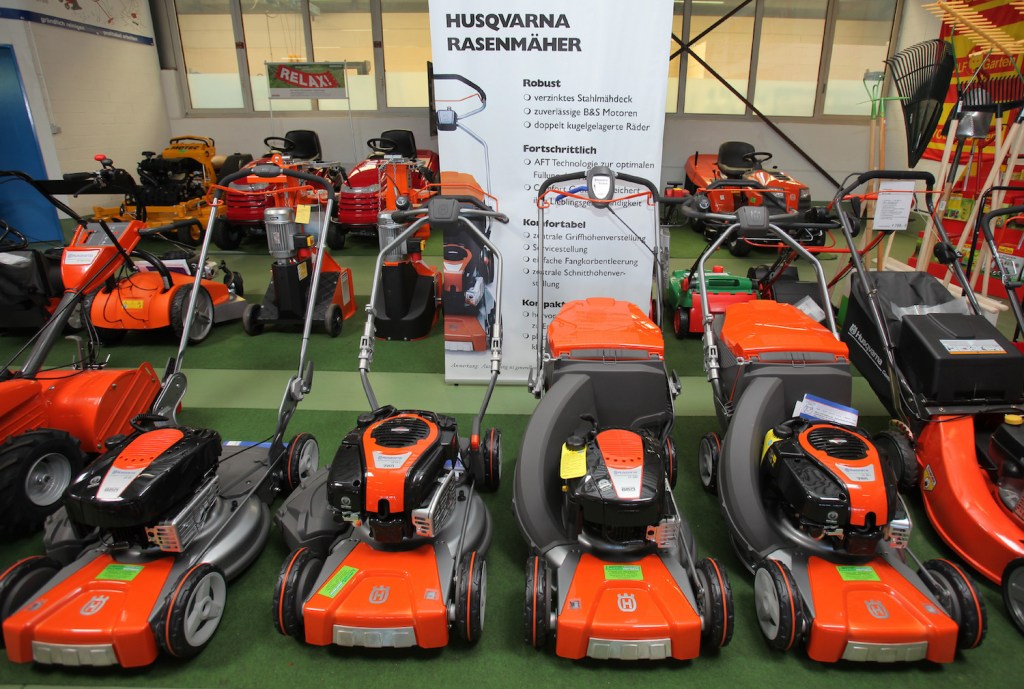 Husqvarna lawn mowers  on display, Husqvarna is one of the best lawn mower brands