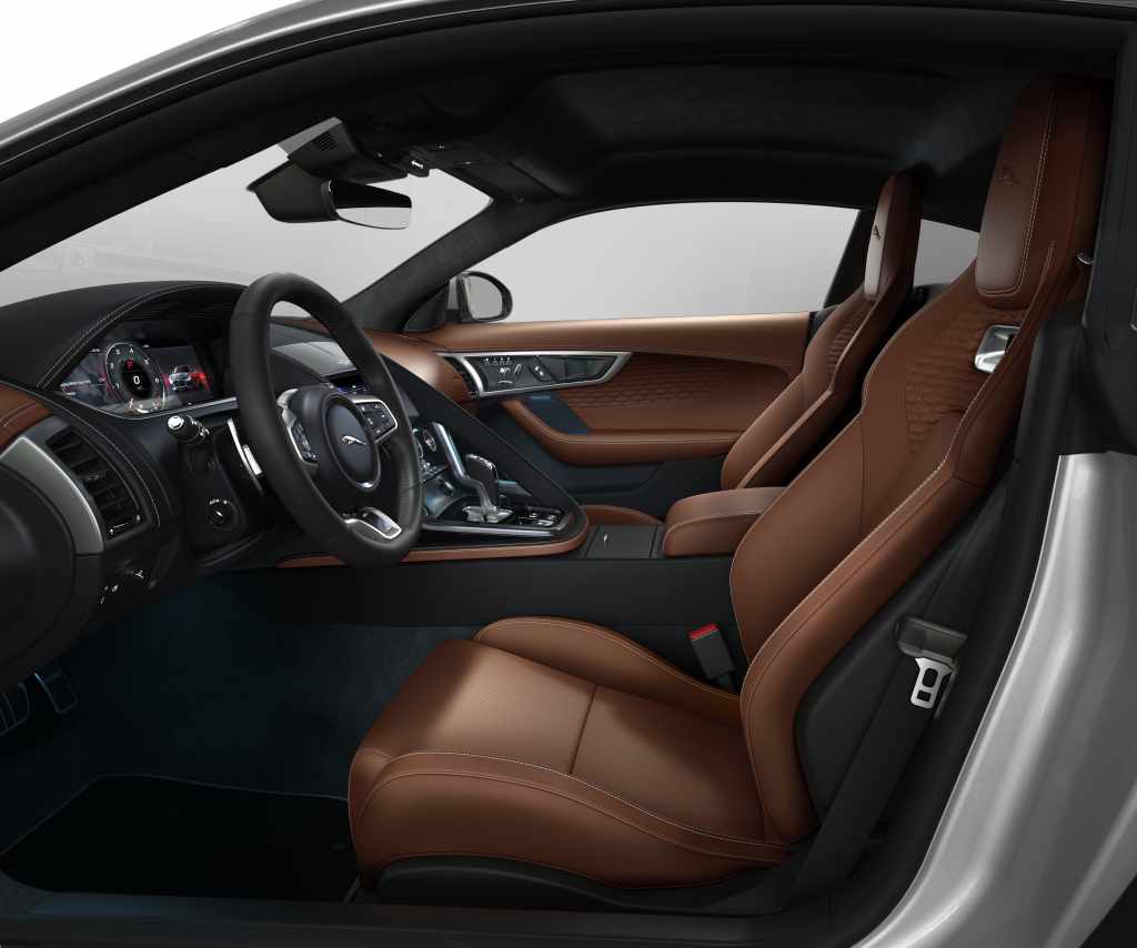 The brown leather interior of the Jaguar F-Type