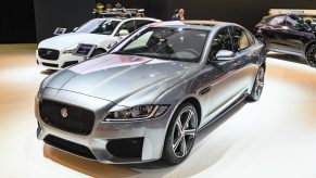 Silver Jaguar XF Chequered Flag Edition (R-Sport) luxury performance sedan on display at Brussels Expo