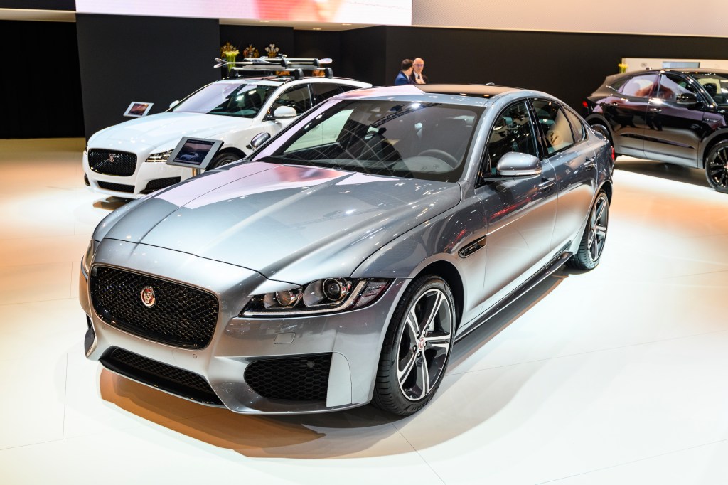 Silver Jaguar XF Chequered Flag Edition (R-Sport) luxury performance sedan on display at Brussels Expo