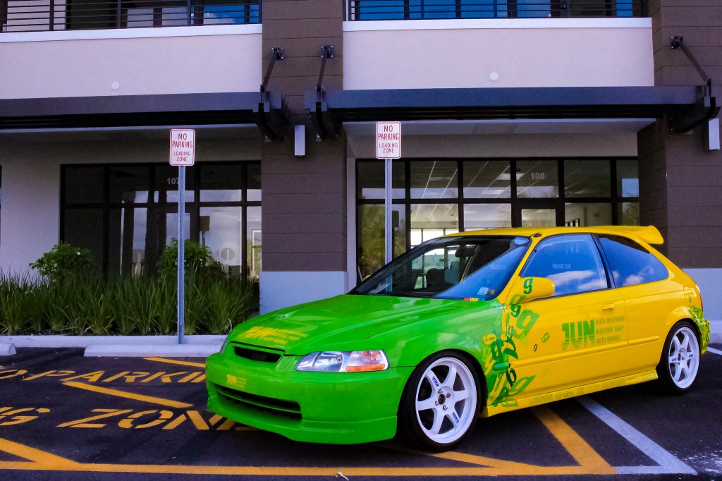 a front shot of the The Jun Auto Civic  in a parking lot
