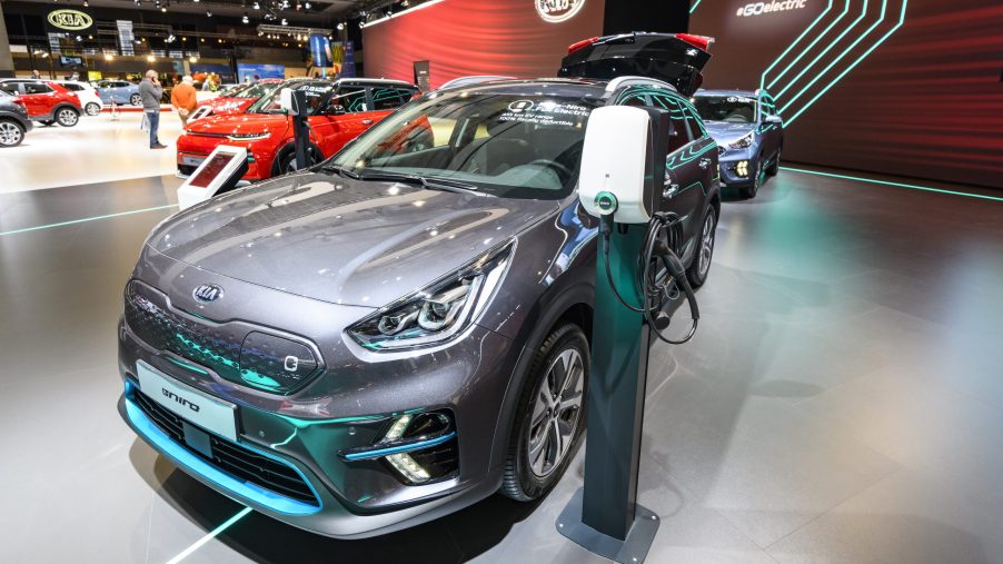 Gray Kia Niro EV all electric subcompact crossover on display at Brussels Expo