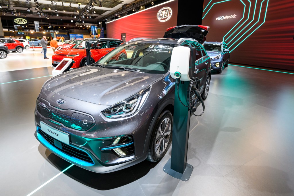 Gray Kia Niro EV all electric subcompact crossover on display at Brussels Expo