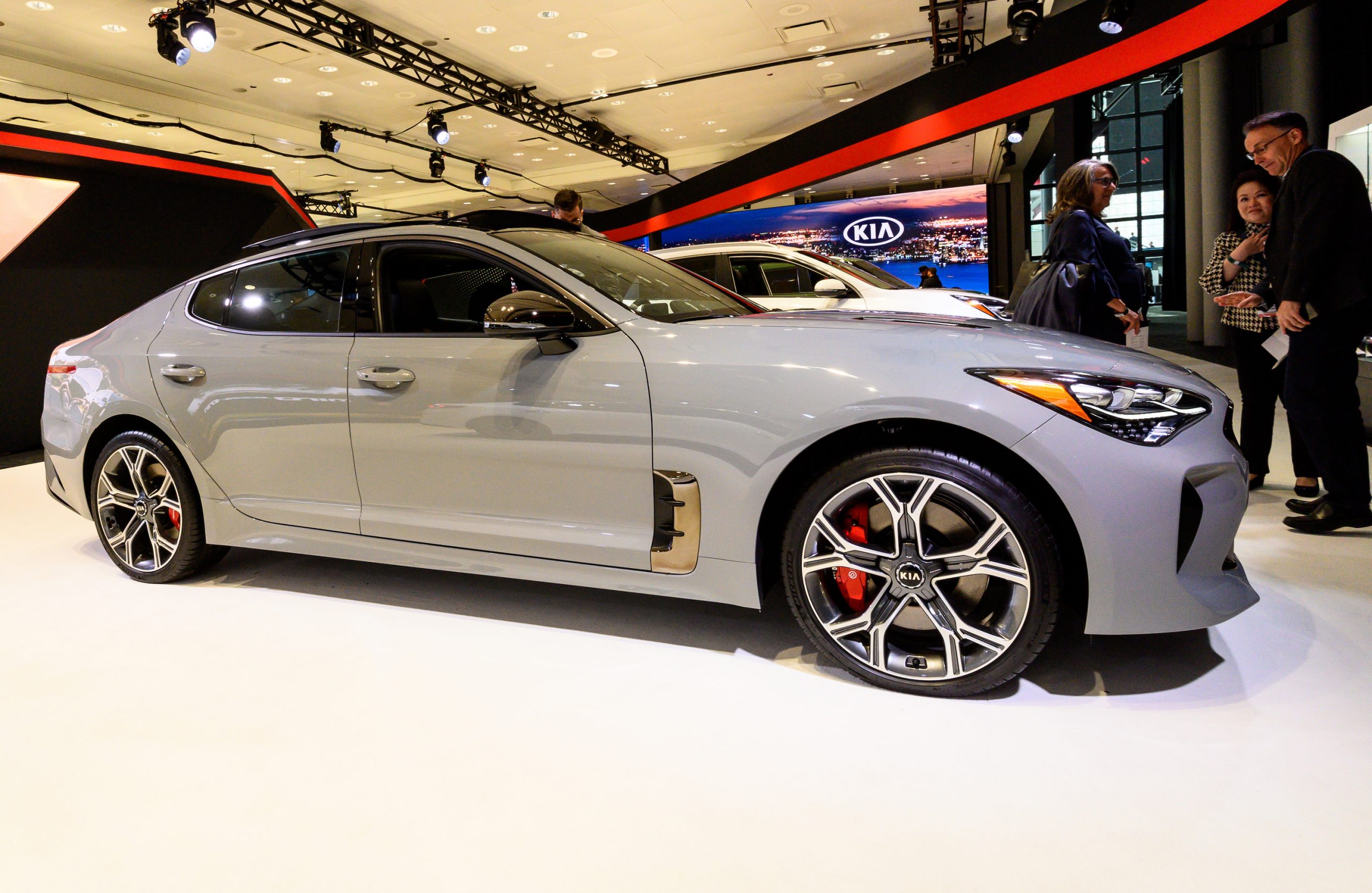 Gray Kia Stinger GT seen at the New York International Auto Show at the Jacob K. Javits Convention Center
