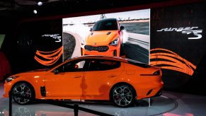 An orange Kia Motors Corp. Stinger vehicle is displayed during the 2019 New York International Auto Show (NYIAS)