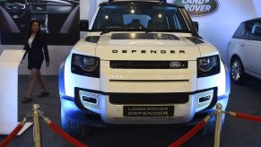 White Land Rover 'Defender' is seen on display during the first day of a two-day-long 'Auto de Glam Expo' on the outskirts of Ahmedabad
