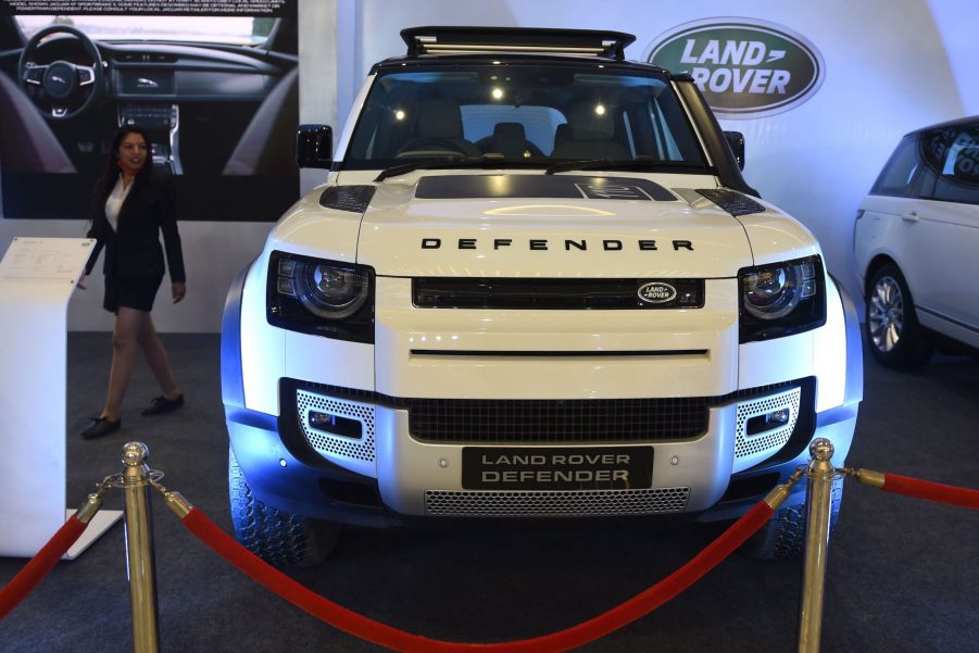 White Land Rover 'Defender' is seen on display during the first day of a two-day-long 'Auto de Glam Expo' on the outskirts of Ahmedabad
