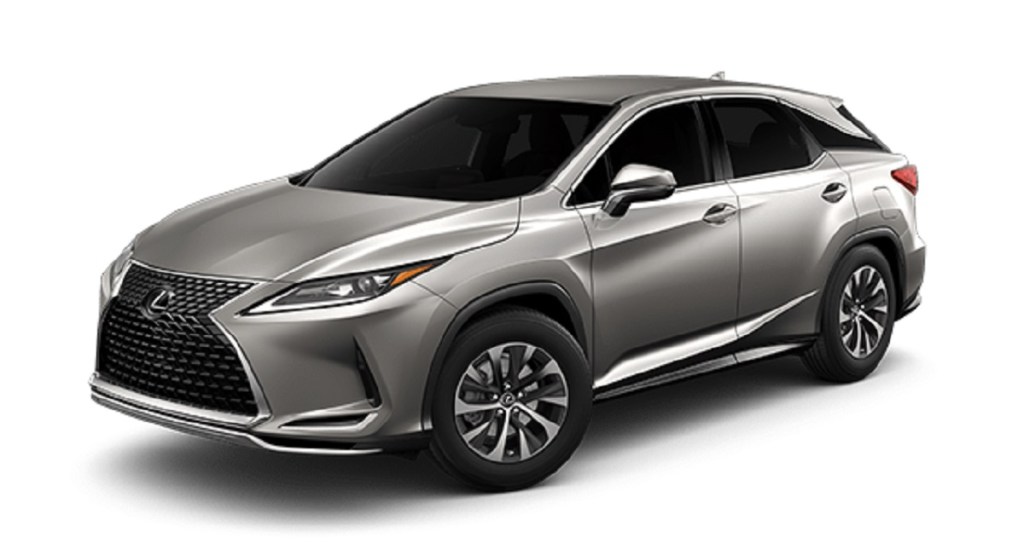 A silver 2021 Lexus RX against a white background.