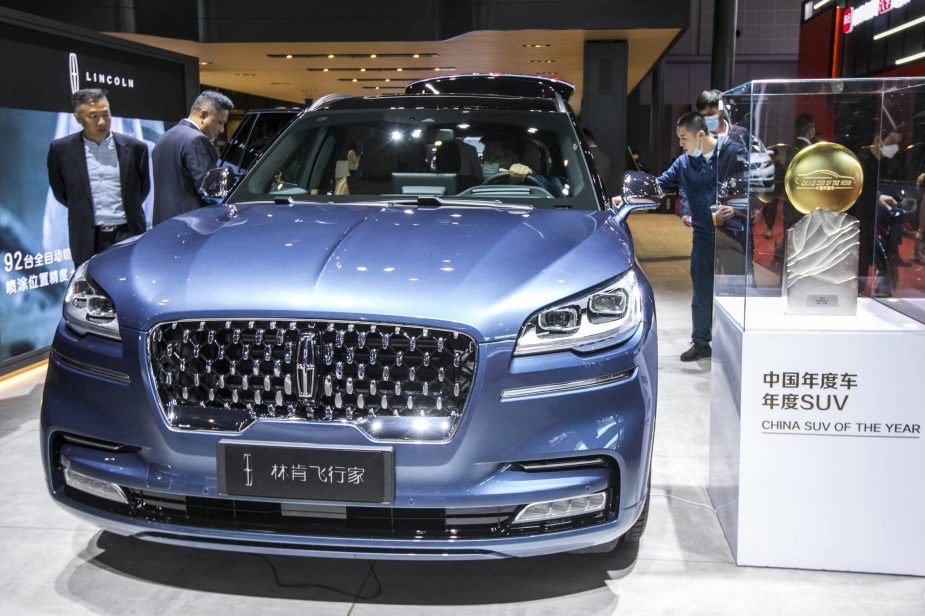 A blue Lincoln Aviator car is on display during the 19th Shanghai International Automobile Industry Exhibition