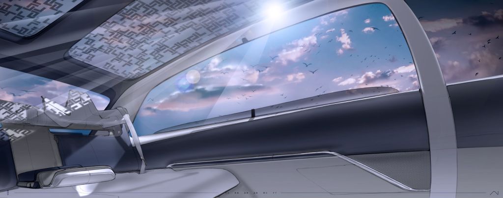 A concept sketch of the Lincoln EV's interior with a panoramic glass roof