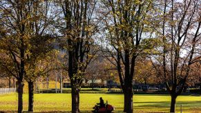 A man mowing a lawn with a riding lawn mower, one of the best types of lawn mowers for hilly yards