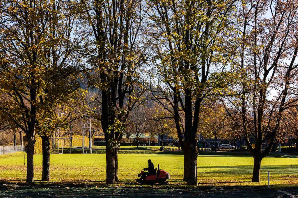 A man mowing a lawn with a riding lawn mower, one of the best types of lawn mowers for hilly yards