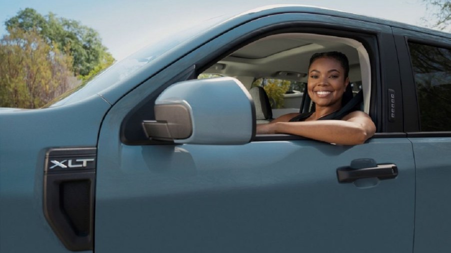 Gabrielle Union sits behind the wheel of a 2021 Ford Maverick.