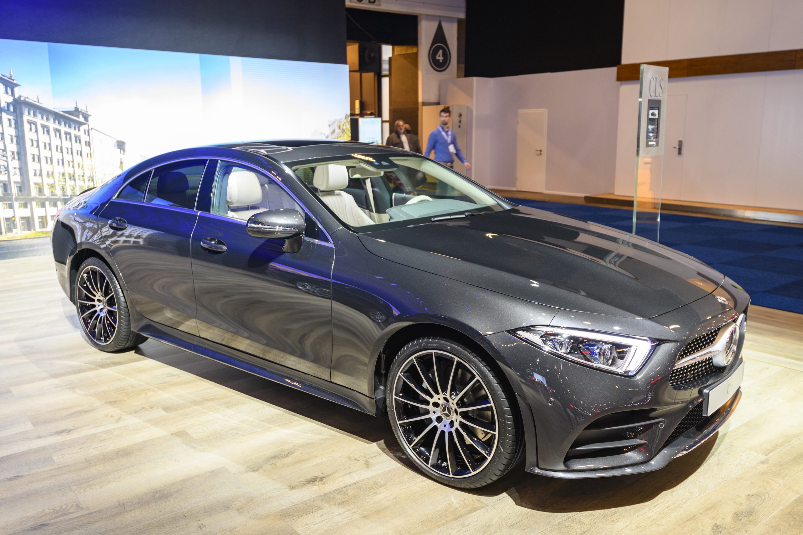 Gray Mercedes-Benz CLS-Class four-door fastback on display at Brussels Expo