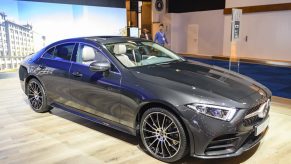 Gray Mercedes-Benz CLS-Class four-door fastback on display at Brussels Expo