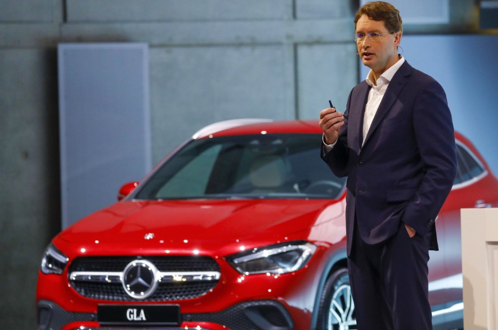 Red Mercedes-Benz GLA luxury automobile during the automaker's annual press conference in Stuttgart, Germany.