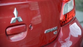 Red rear of a 2018 Mitsubishi Mirage GT.