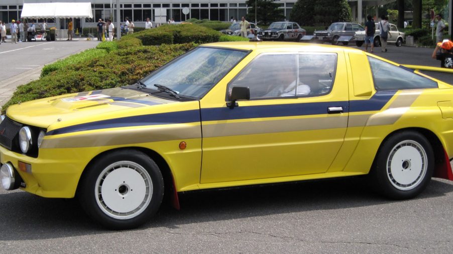 A yellow Mitsubishi Starion 4WD Rally prototype at the Mitsubishi Museum in Japan
