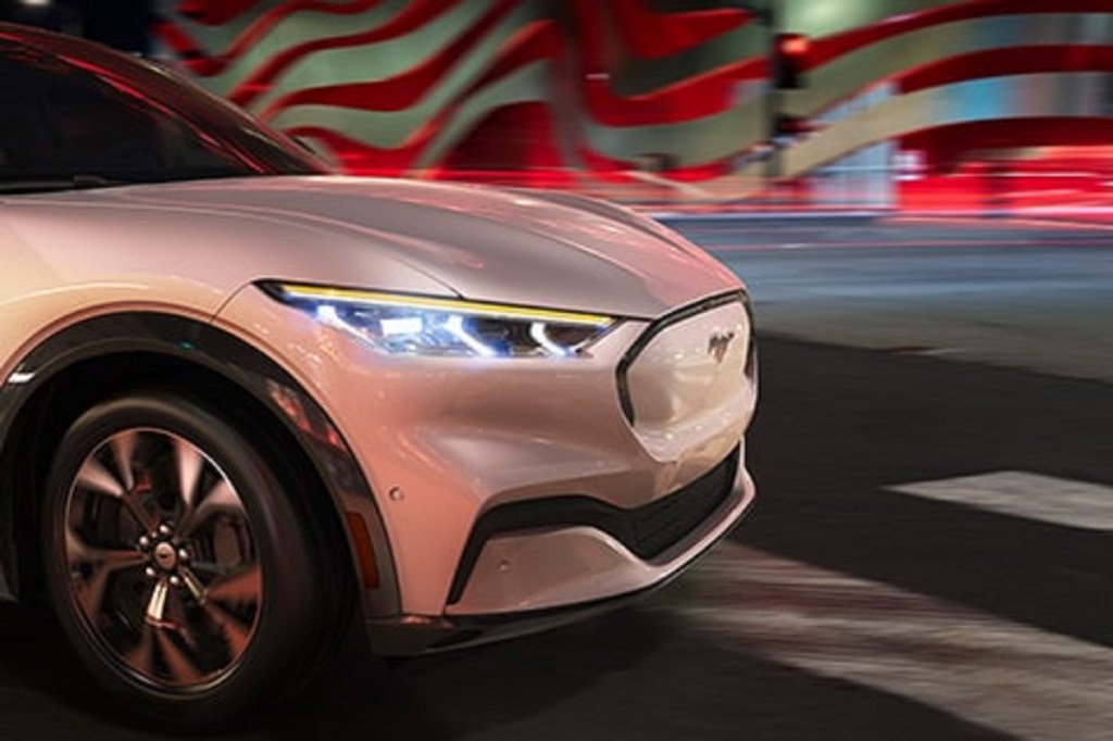 The front of a white 2021 Ford Mustang Mach-E.